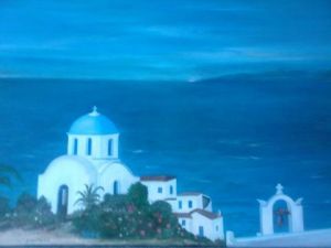 Peinture de Pepe Luis Saavedra : Village  de Grèce  en bord  de mer 