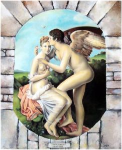 Peinture de Lydie grandroques: Psyché et l'Amour (reproduction de François Gérard) huile 