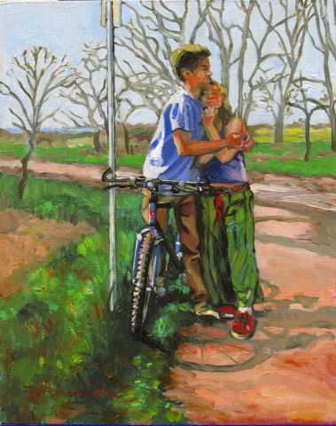Lovers leaning against a bicycle - Peinture - Dominique  Amendola 