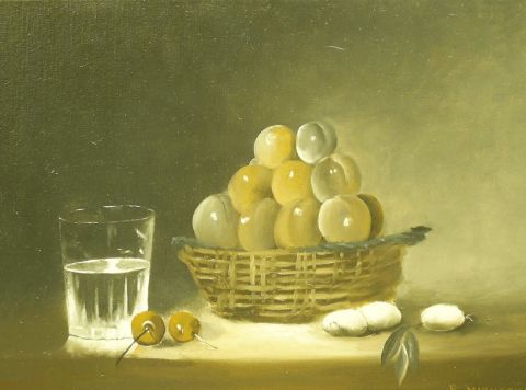 Pannier de prunes au verre d'eau - Peinture - rene miqueau