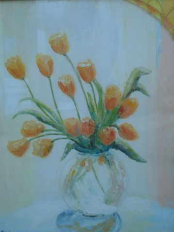 tulipes jaunes à la fenêtre - Peinture - Helene ROSENDO