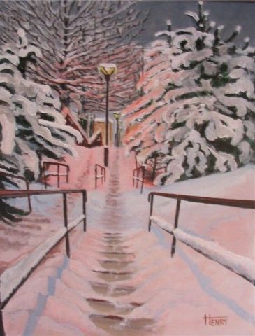 Escalier sous la neige au Havre - Peinture - DESNOYERS