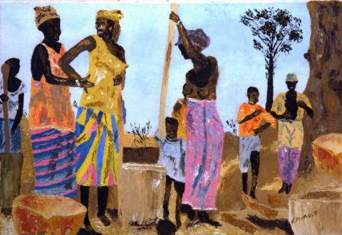 Villagoises sénégalaises au travail - Peinture - Le Champenois