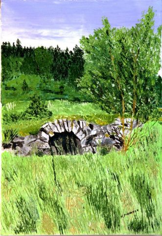 L'artiste Le Champenois - Petit pont dans une prairie vosgienne