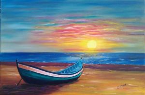 Peinture de Amilcar: barque au coucher de soleil