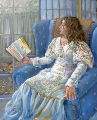 Jeune fille lisant un Jour de pluie - Peinture - Dominique  Amendola 