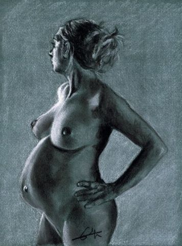 L'artiste Philippe FLOHIC - Fusain femme enceinte de 3/4 face lumière