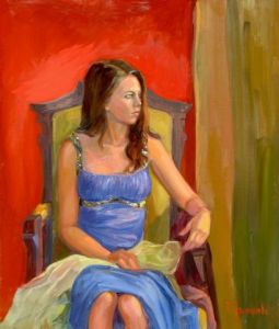 Peinture de Dominique  Amendola : Jeune fille en bleu avec un fond rouge