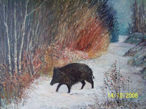 L'artiste Pierre Jourdam - Sanglier dans la neige