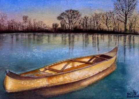 Canoé sur un étang de Gisy les Nobles 89 - Peinture - Sylvie Vacher