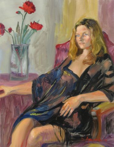 Fille assise avecun vase de fleures rouges - Peinture - Dominique Amendola Fille assise avecun vase de fleures rouges - Peinture - Dominique Amendola