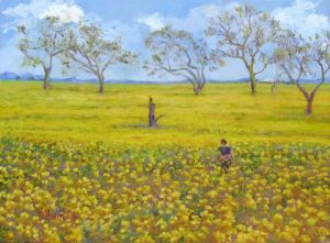 Peinture de Dominique  Amendola : Promenade dans le champ de moutarde en fleur