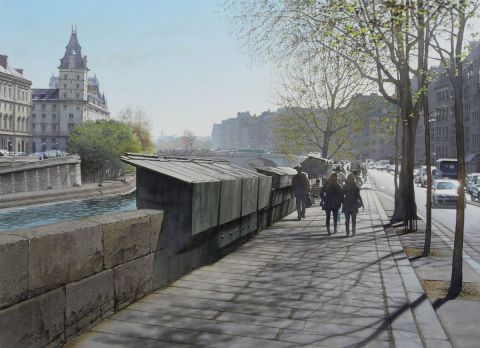 Le Quai des Orfèvres et les bouquinistes - Peinture - Thierry Duval Le Quai des Orfèvres et les bouquinistes - Peinture - Thierry Duval