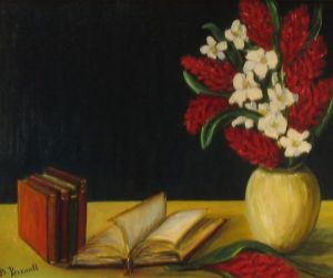 Peinture de Brigitte PERRAULT: Alpinia lys et livre ouvert