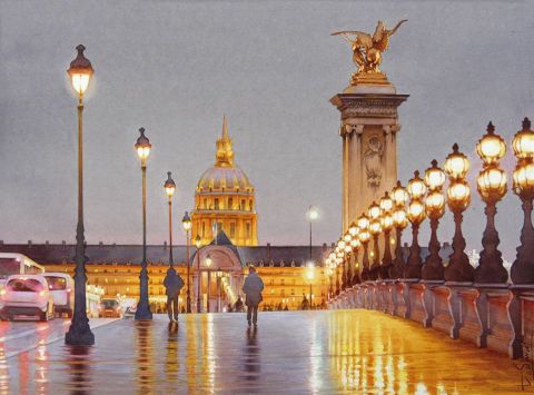 L'Esplanade des Invalides la nuit - Peinture - Thierry Duval L'Esplanade des Invalides la nuit - Peinture - Thierry Duval