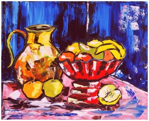 L'artiste JIEL - LE BROC JAUNE A LA COUPE AUX FRUITS, ROUGE, SUR FOND BLEU L'artiste JIEL - LE BROC JAUNE A LA COUPE AUX FRUITS, ROUGE, SUR FOND BLEU