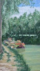Peinture de olivier laplace: peniche au bord du canal du midi