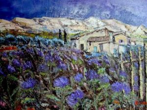 Peinture de MARIE-THERESE VION: Fleurs bleues dans les Alpilles