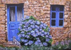 Peinture de domnanteuil: Le chat et l'hortensia bleu
