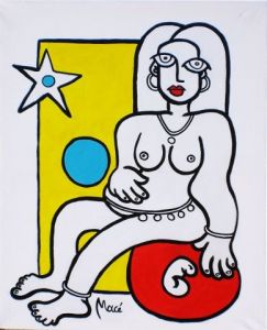 Peinture de Bastien Mace: Femme assise sur un ballon rouge