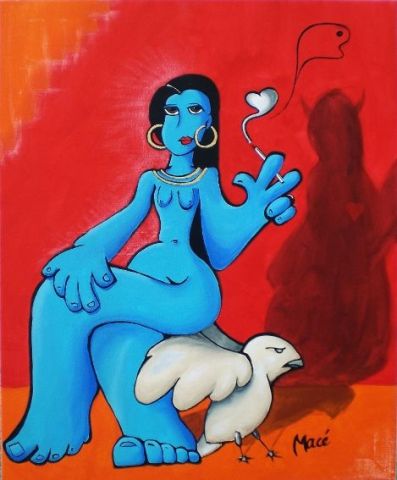 L'artiste Bastien Mace - Femme bleu à la cigarette et l'oiseau