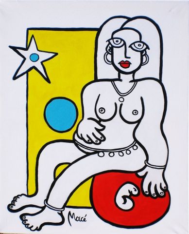 Femme assise sur un ballon rouge - Peinture - Bastien Mace Femme assise sur un ballon rouge - Peinture - Bastien Mace