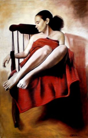 Femme à la  serviette rouge  - Peinture - Latrache