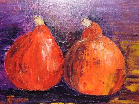 Peinture : Deux Potimarons rouge orangé - MARIE-THERESE VION Peinture : Deux Potimarons rouge orangé - MARIE-THERESE VION