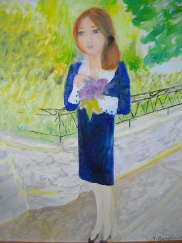 Jeune fille au bouquet de lilas. Madeleine Gendron© Tous droits réservés. - Peinture - madeleine gendron