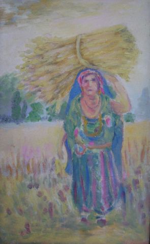 vieille femme au prairie - Peinture - riahi noureddine