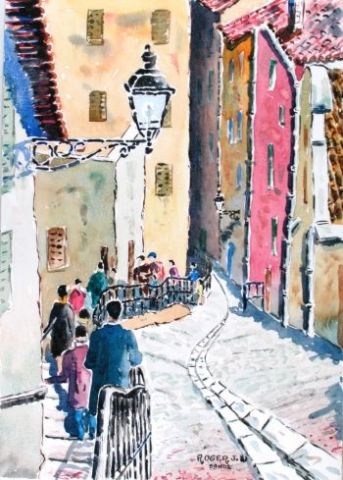 Descente de Fourvière à Lyon - Peinture - ROGER J Descente de Fourvière à Lyon - Peinture - ROGER J