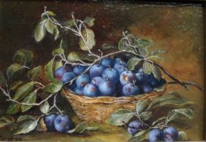 Peinture de Coral Lefaix: Le panier de prunes