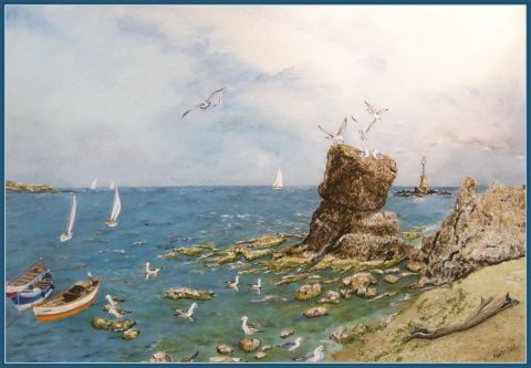 Le rocher dans la mer - Peinture - MARIA PETRANOVA