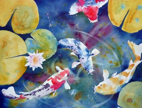 Carpes koï et nénuphars - Peinture - Andre Mehu Carpes koï et nénuphars - Peinture - Andre Mehu