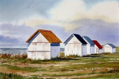 les cabines de gouville sur mer - Peinture - Michel Guillard