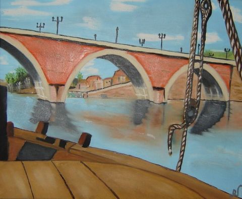 Le vieux pont de Bergerac vu d'une Gabarre - Peinture - Rv Jammes
