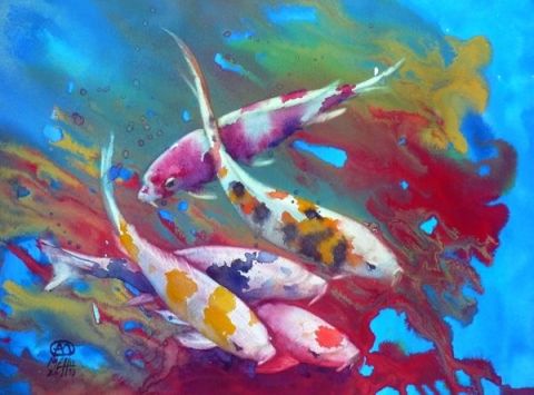 Carpes koi dans les algues rouges - Peinture - Andre Mehu