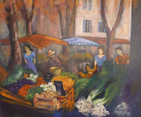 Peinture : Marché en orange - janine chetivet Peinture : Marché en orange - janine chetivet
