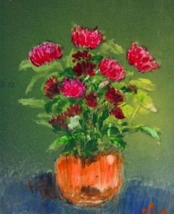 Peinture de Alex: fleurs rouges dans un flacon orange