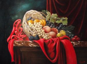 Peinture de Yves Pereira: Nature morte au rideau rouge