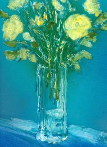 fleurs jaune sur  fond  bleu - Peinture - Alex
