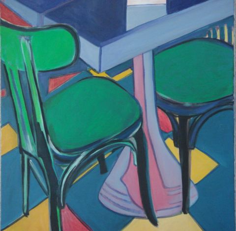 L'artiste Christiane Jousset - chaise et table sur damier