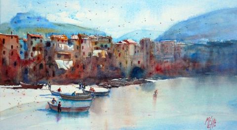 Barques sur la plage de Cefalù - Peinture - Andre Mehu