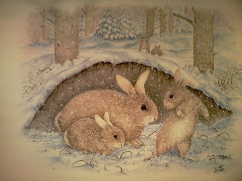 la joie de lapins dans la neige - Peinture - douceurpastelle