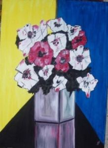 Peinture de Berni: bouquet dans vase cube