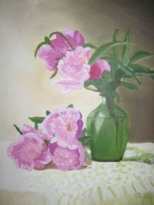 Peinture de Maryaude: Vase vert aux pivoines