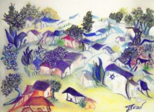 Peinture de JACQUELINE SARAH UZAN: le village bleu