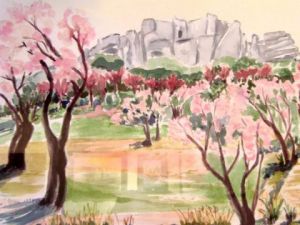 Voir cette oeuvre de MARIE-THERESE VION: Amandiers en fleurs devant les Baux de Provence