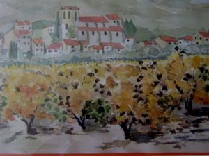 Voir cette oeuvre de MARIE-THERESE VION: Vignes devant le village de Cucuron(luberon)