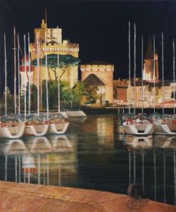 Peinture de Frank GODILLE: Balade le soir sur le port